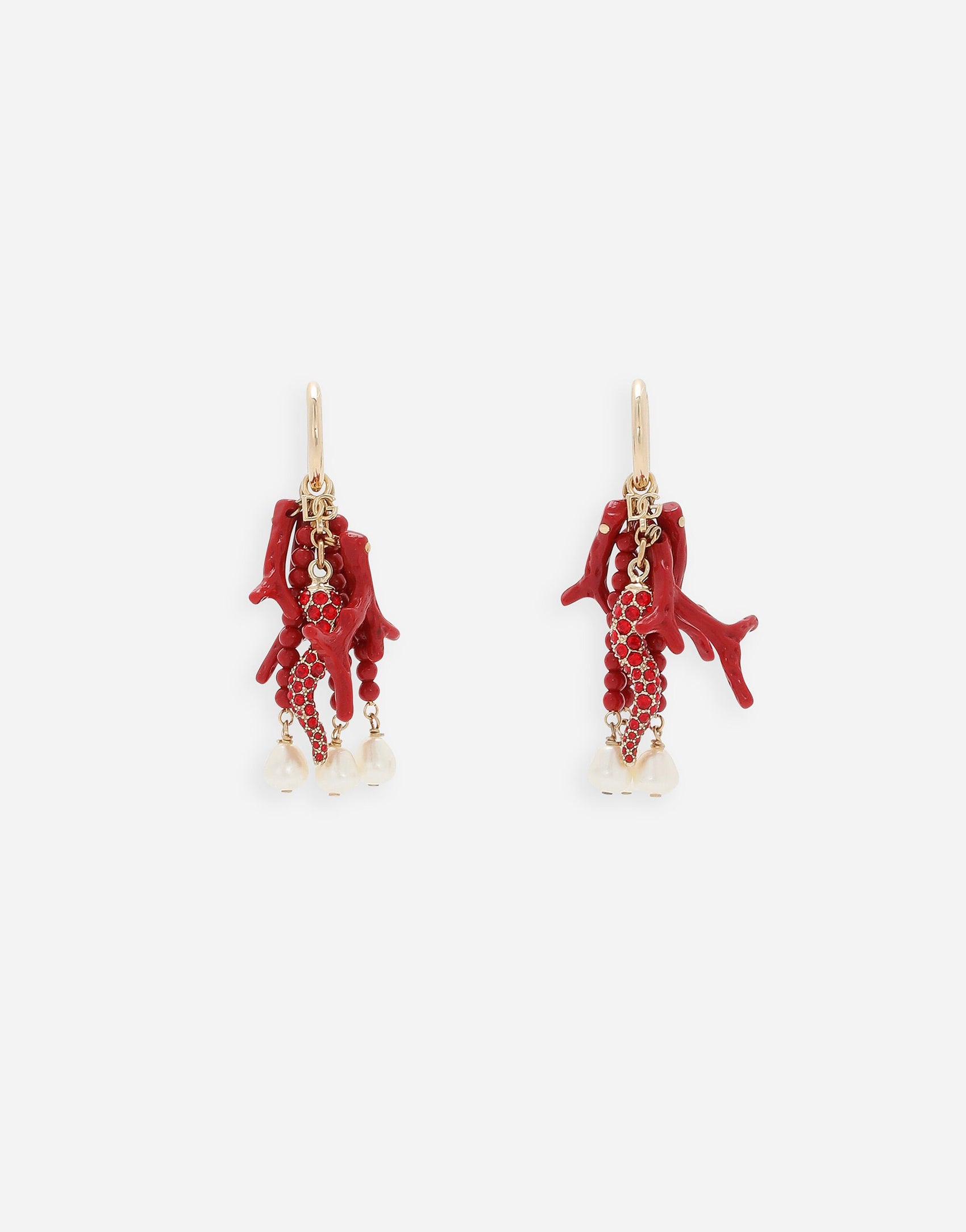 Creole earrings with horn, coral branches and pearls