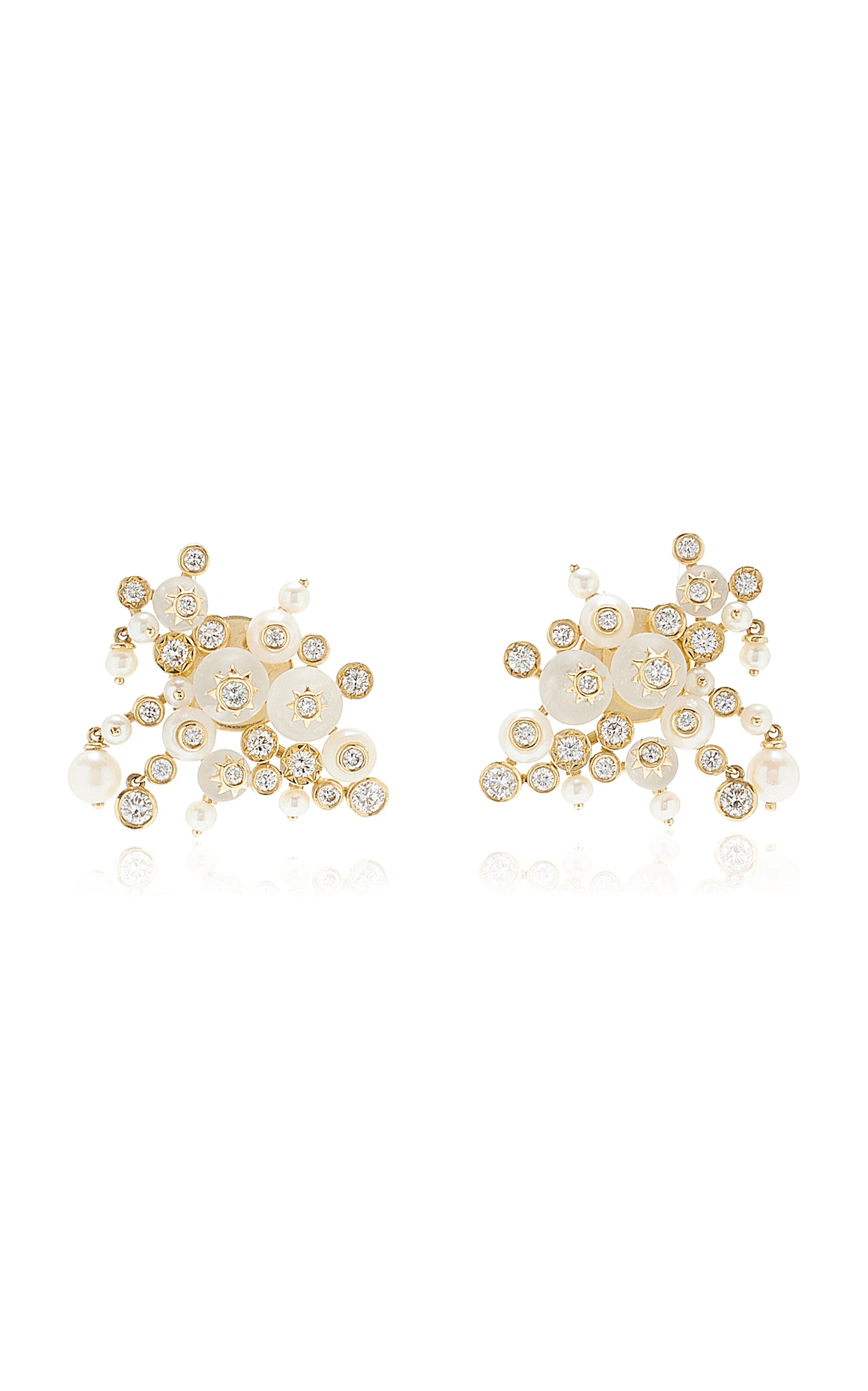Star Cluster 18K Yellow Gold Crystal, Pearl, Diamond Earrings