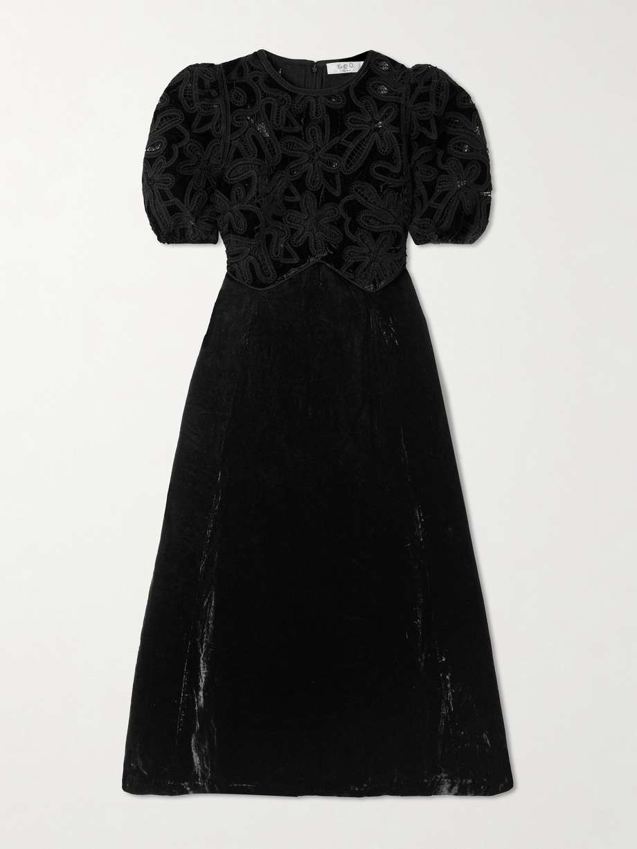 Alice embroidered lace trimmed velvet midi dress