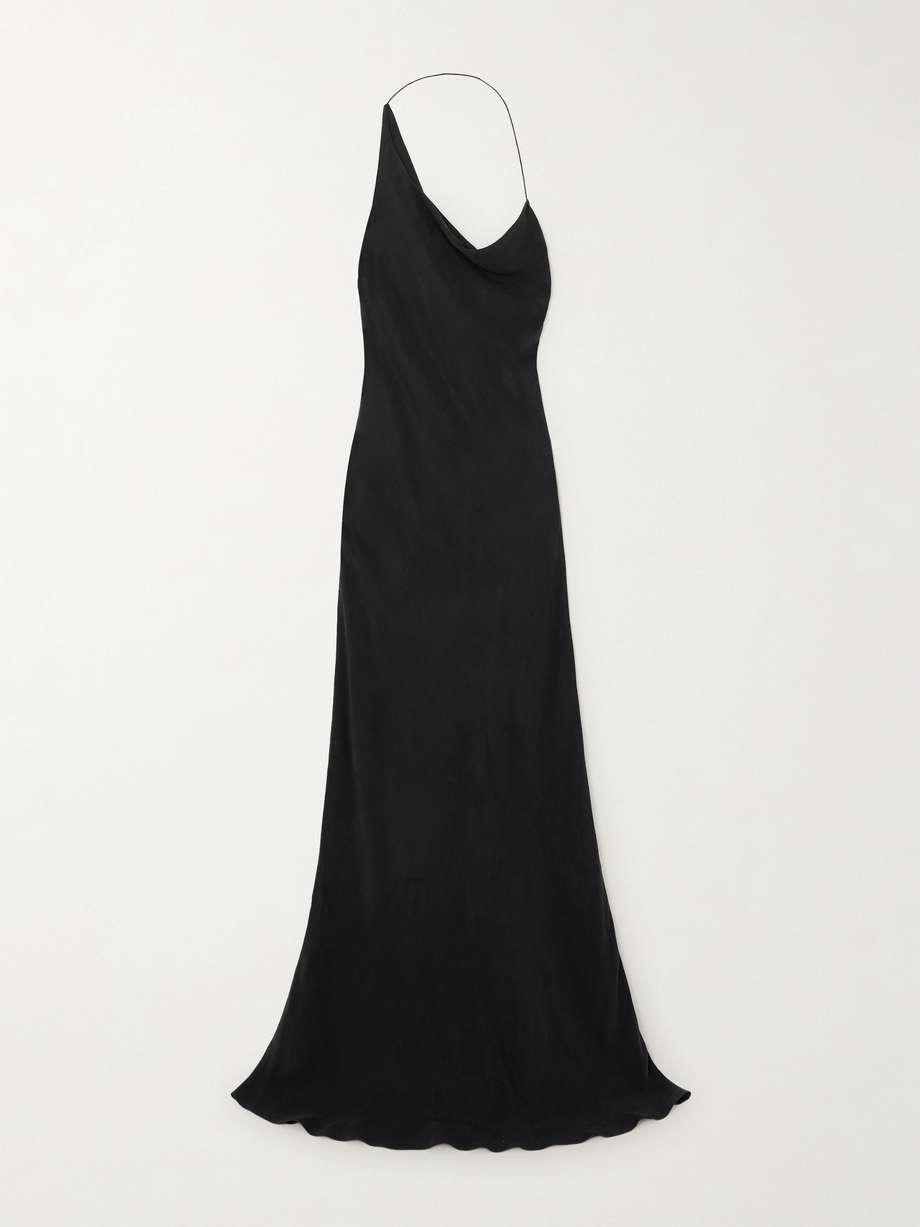 Asymmetric draped twill maxi dress