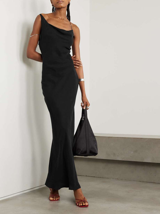 Asymmetric draped twill maxi dress