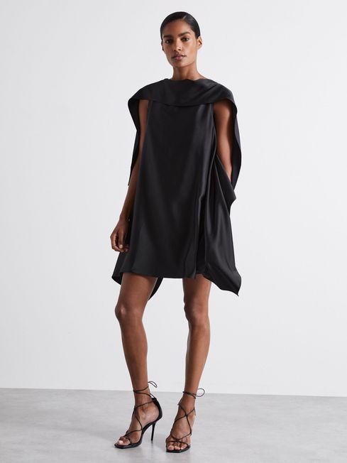 Atelier Asymmetric Satin Cape Sleeve Mini Dress