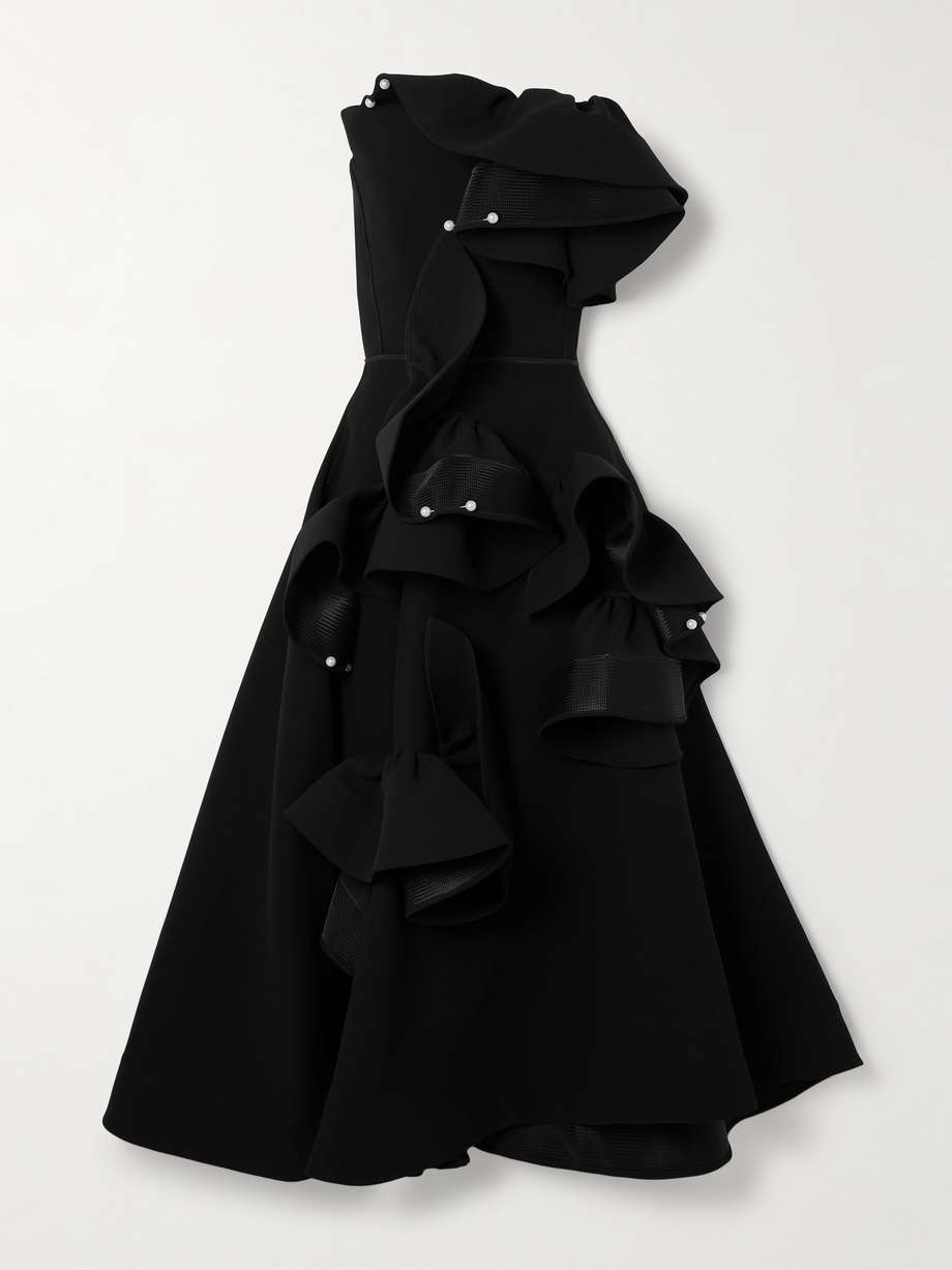 Atonement strapless embellished mesh trimmed ruffled crepe maxi dress