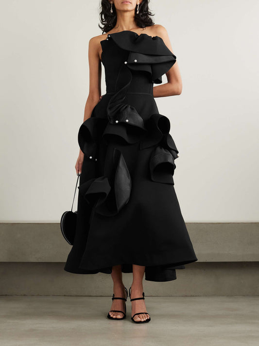Atonement strapless embellished mesh trimmed ruffled crepe maxi dress