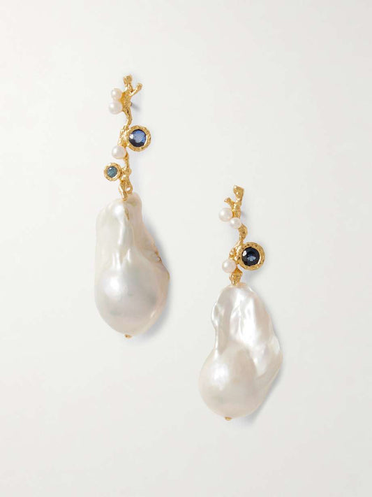 Baroque Floret gold plated pearl and sapphire earrings