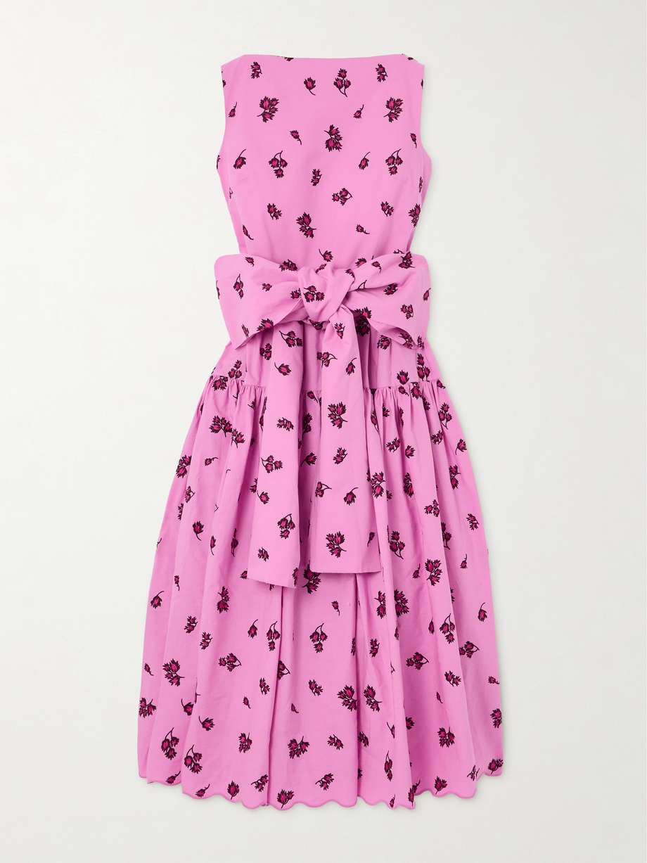 Belted tiered scalloped embroidered cotton blend midi dress