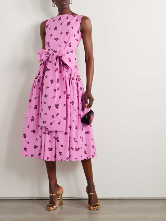 Belted tiered scalloped embroidered cotton blend midi dress