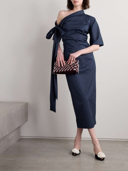 Bowie tie detailed one shoulder organic cotton blend poplin maxi dress