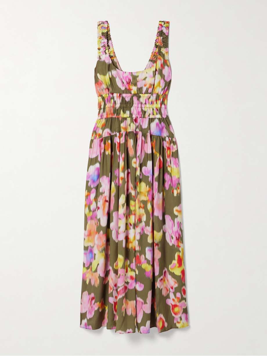 Candace shirred printed silk habotai maxi dress