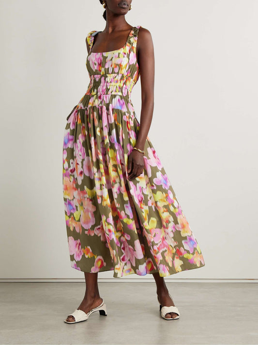 Candace shirred printed silk habotai maxi dress