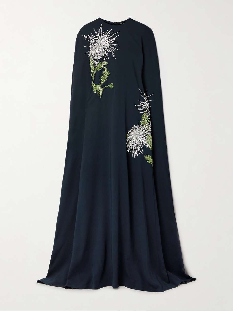 Cape effect embellished silk blend crepe gown