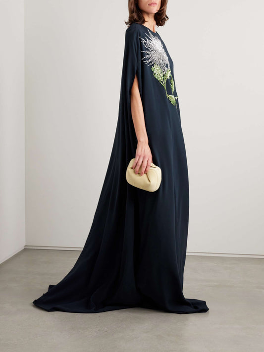 Cape effect embellished silk blend crepe gown