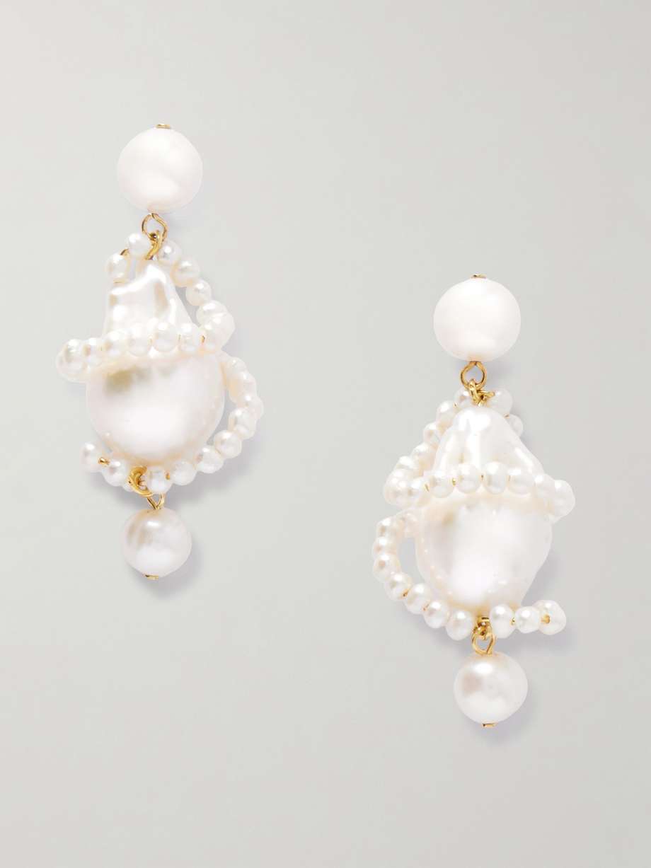 Carvings recycled gold vermeil pearl earrings