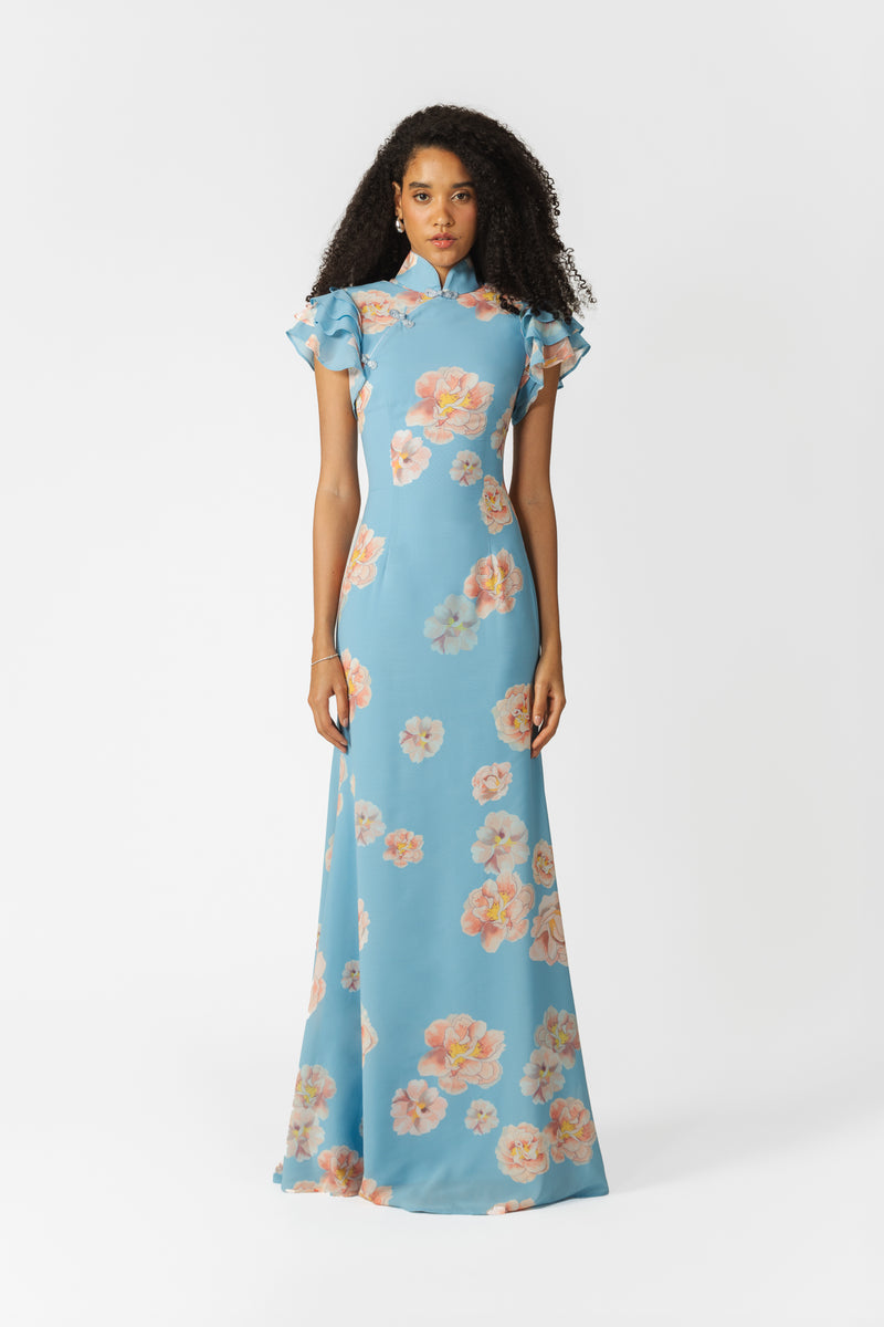 Cheongsam inspired floral trumpet maxi dress