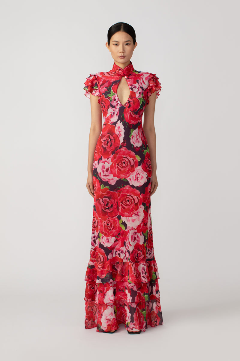 Cheongsam inspired rose print keyhole chiffon maxi dress