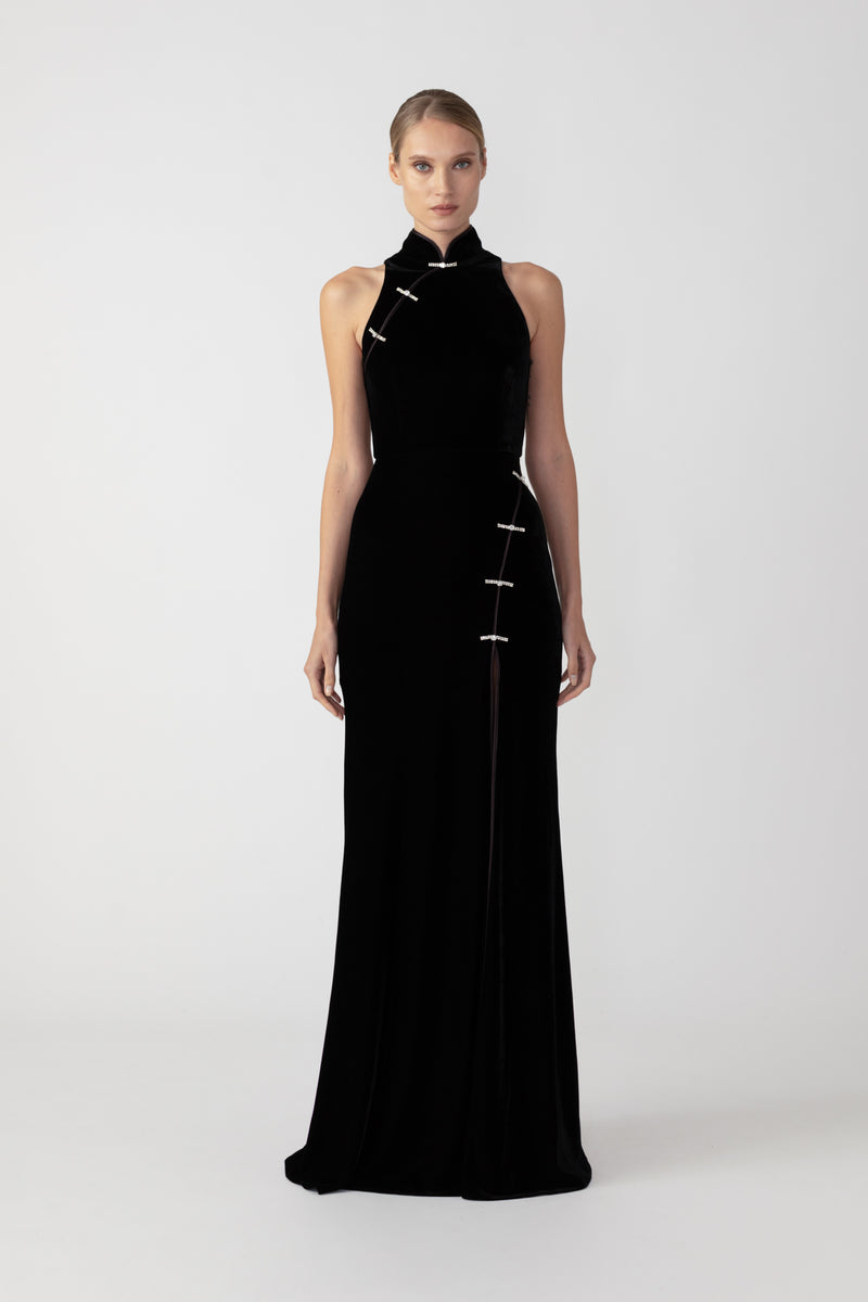 Cheongsam inspired sleeveless velvet gown