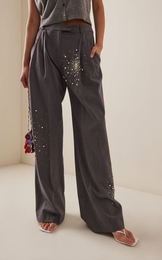 Crystal-Embellished Twill Suiting Wide-Leg Pants