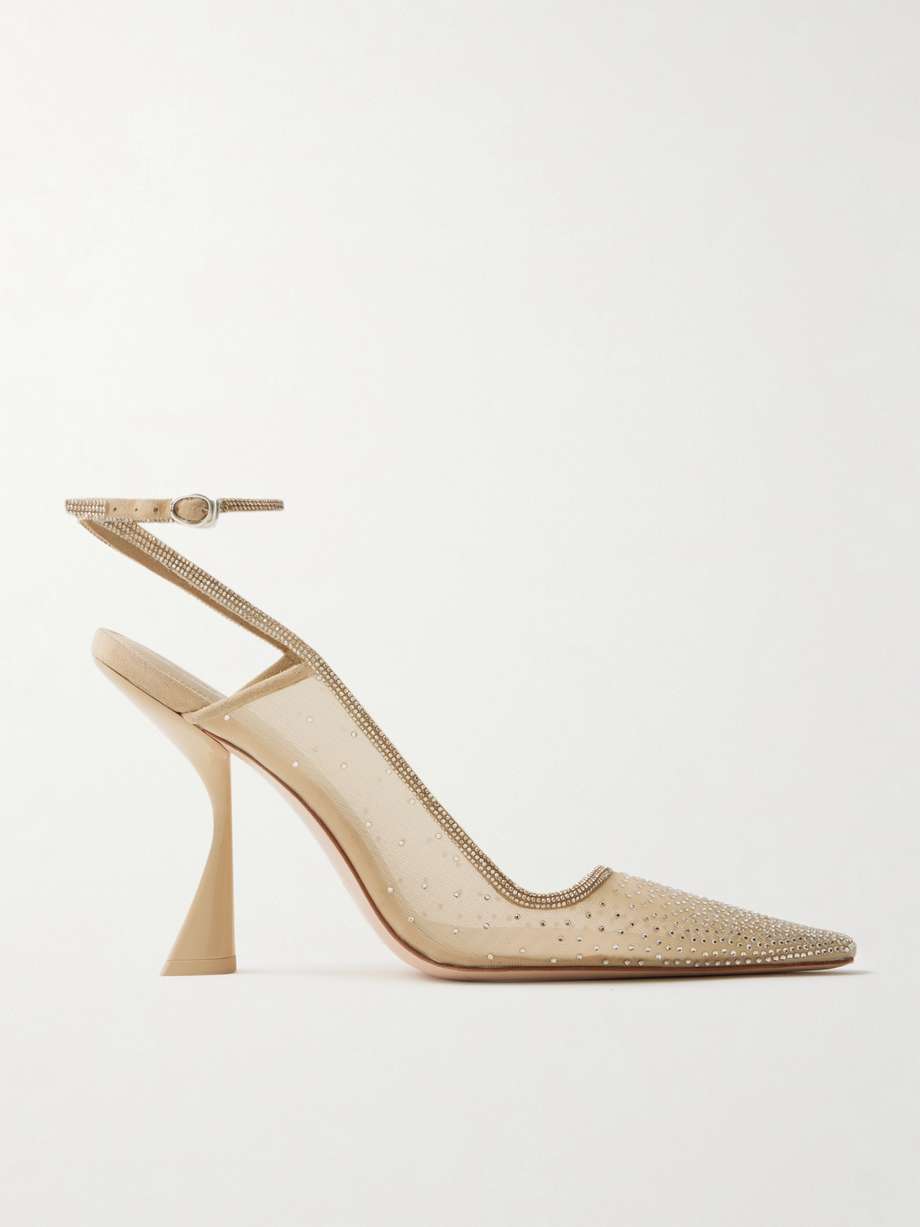 Diya suede trimmed crystal embellished tulle pumps