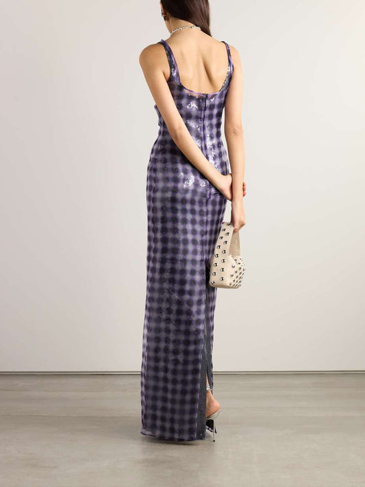 Electra checked layered sequined organza maxi dress
