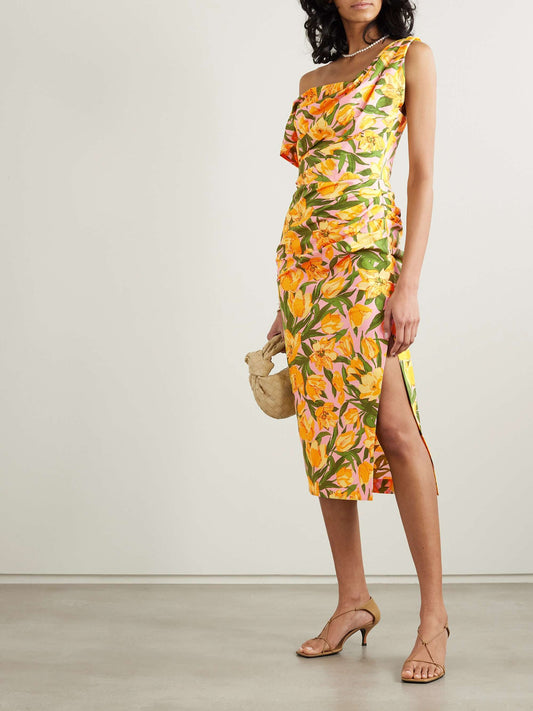 Floral print cotton blend poplin midi dress