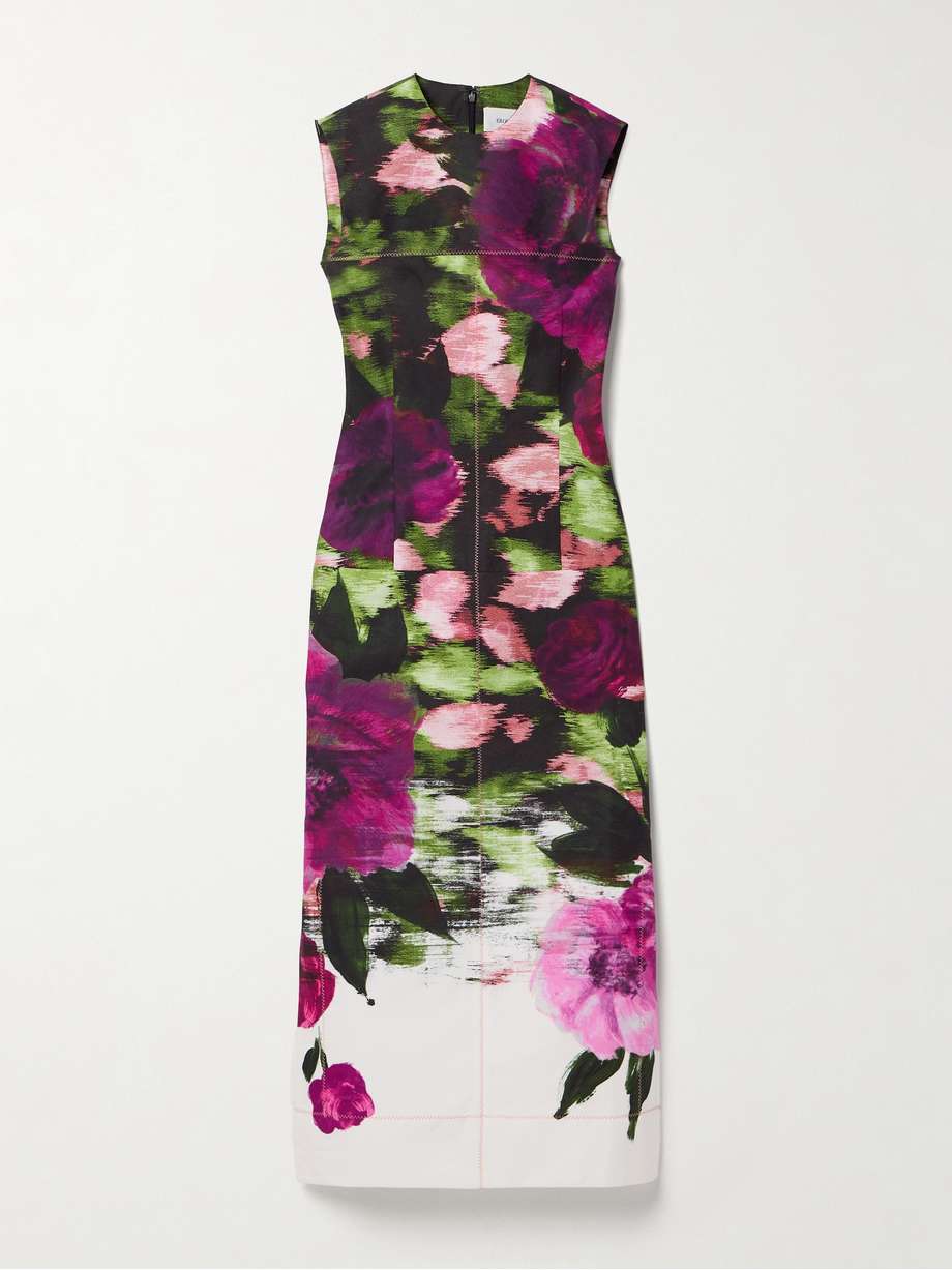 Floral print cotton faille midi dress