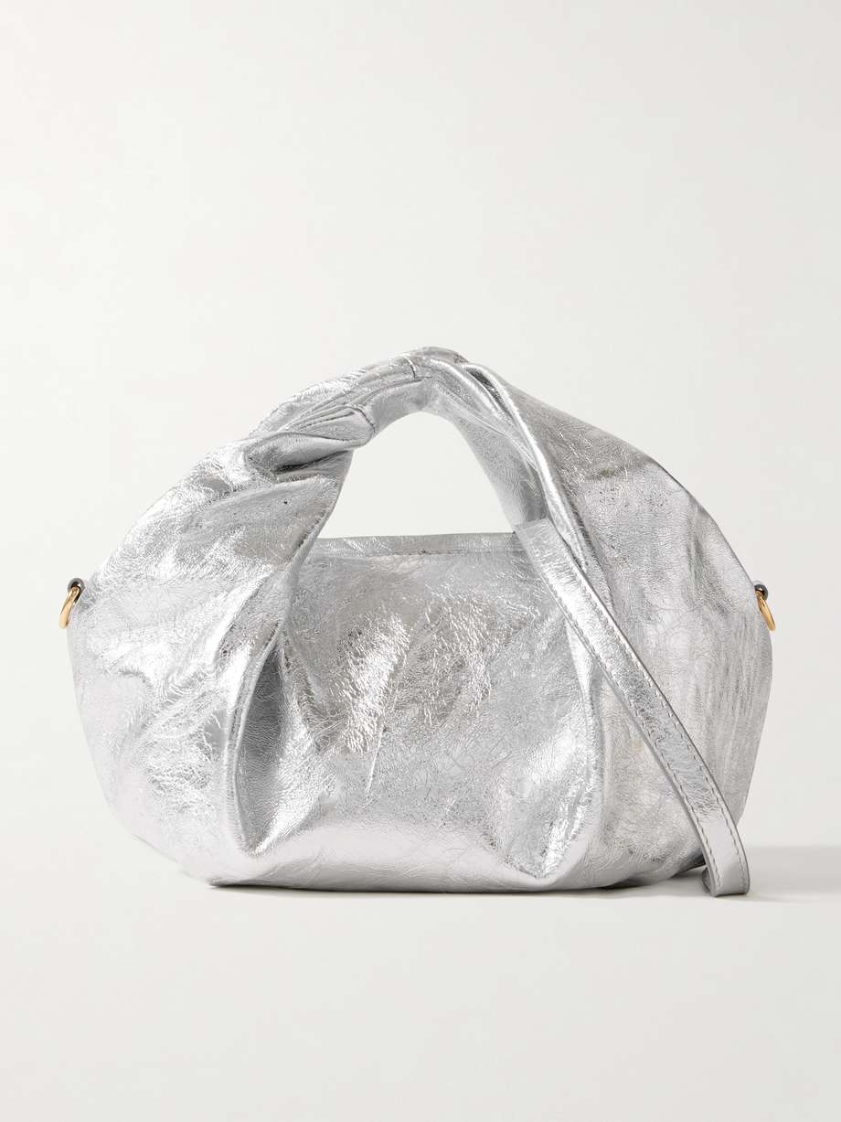 Gathered metallic crinkled leather tote