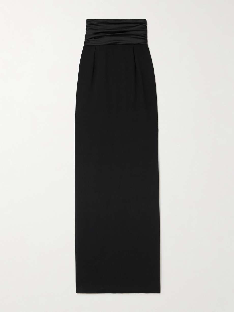 Gathered satin trimmed stretch wool maxi skirt