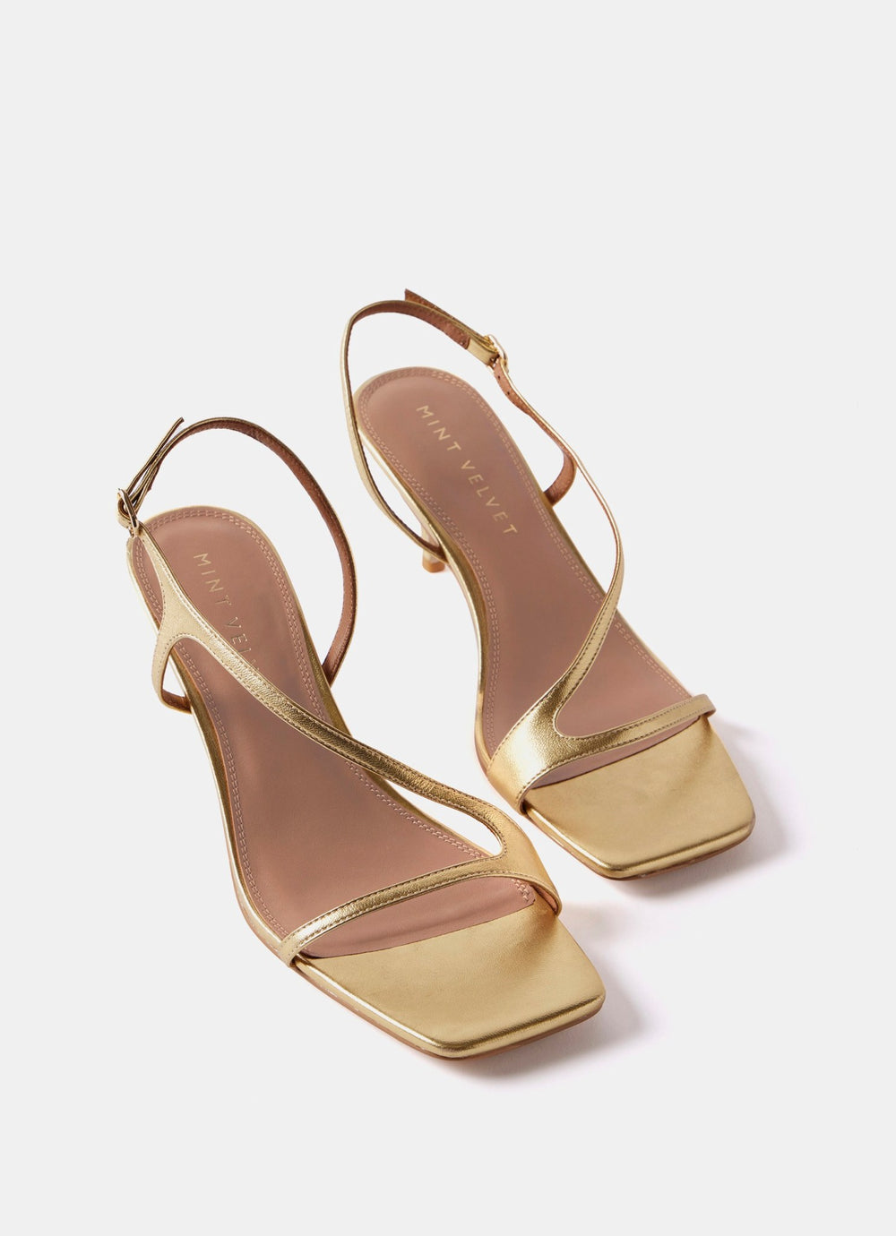 Gold Leather Strappy Kitten Heels