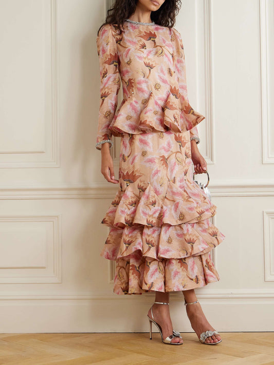 Illustration crystal embellished tiered floral print linen and silk blend maxi dress