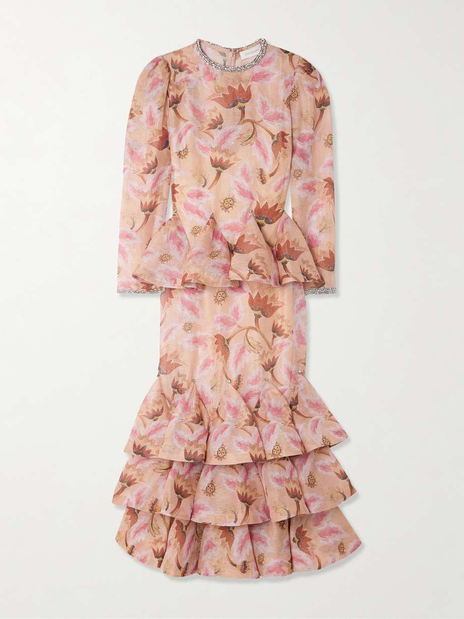 Illustration crystal embellished tiered floral print linen and silk blend maxi dress