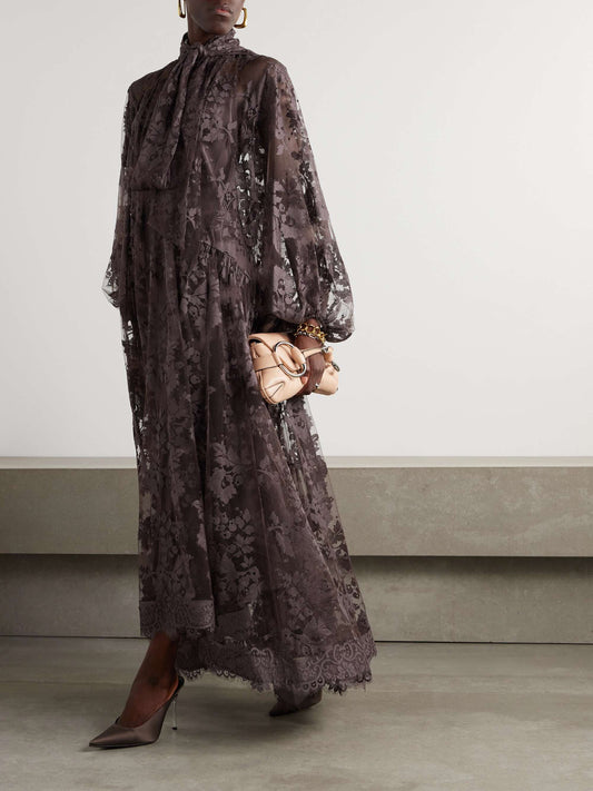 Illustration tie detailed cotton blend lace maxi dress