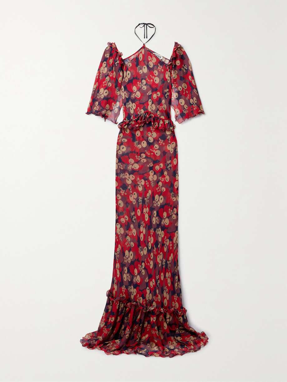 Jamberry Landis cold shoulder ruffled printed crepon maxi dress