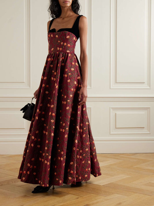 Jaspe Sueno velvet trimmed embroidered cotton blend maxi dress
