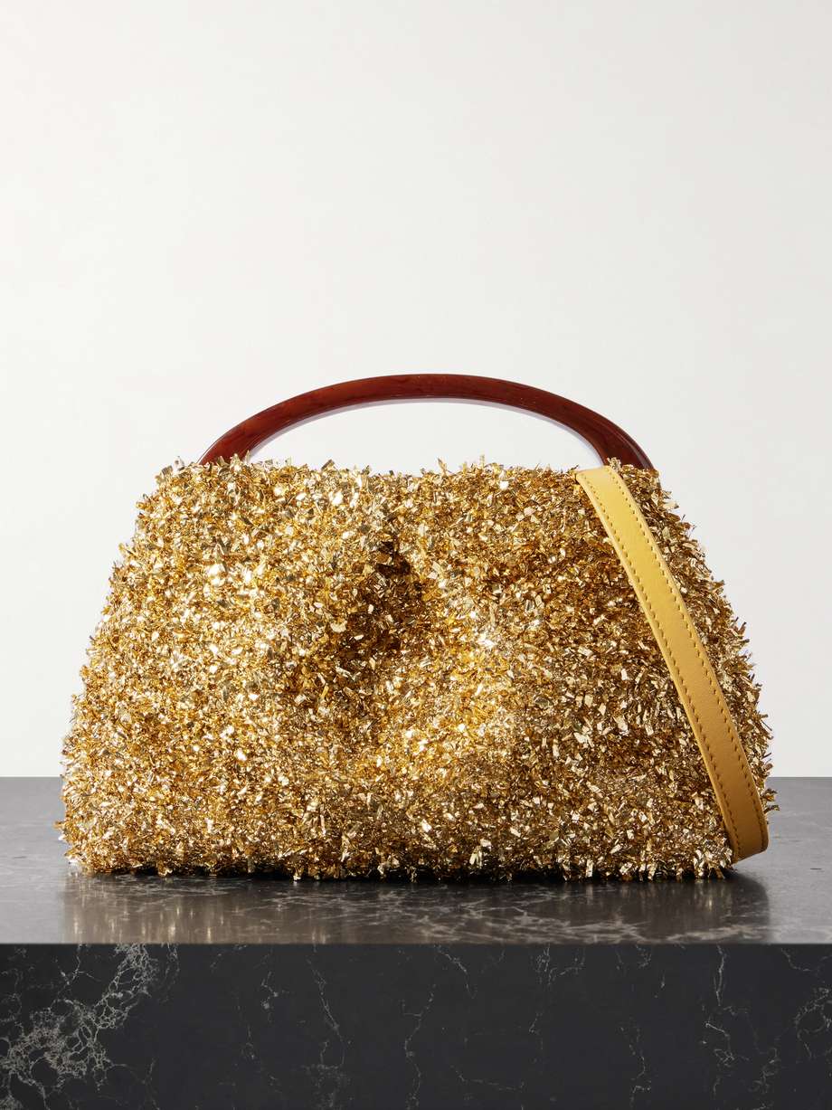 Leather trimmed tinsel shoulder bag