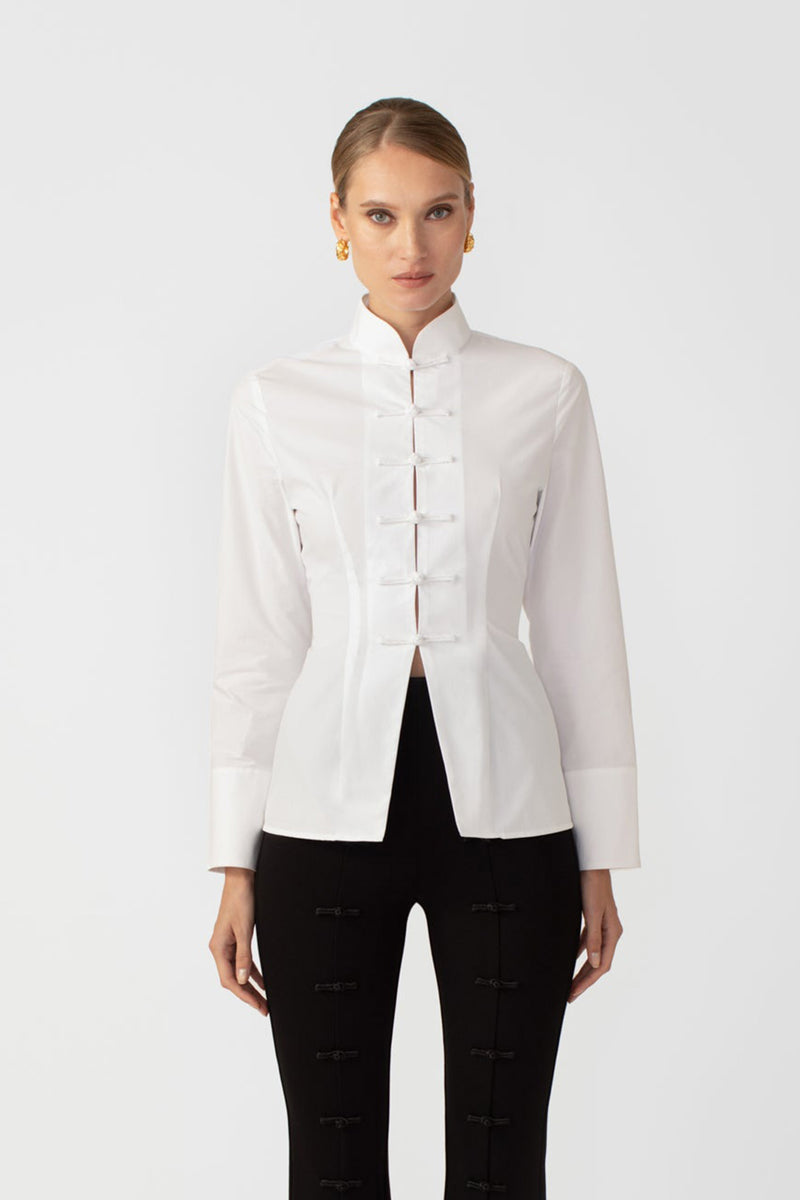 Mandarin collar slim cut cotton shirt