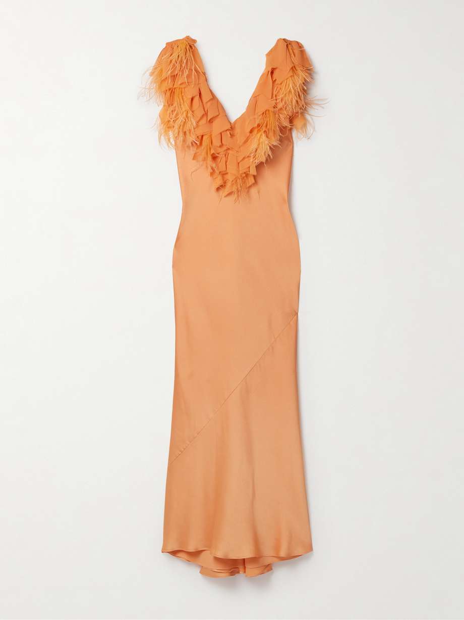 Manota ruffled crepe and feather trimmed charmeuse maxi dress