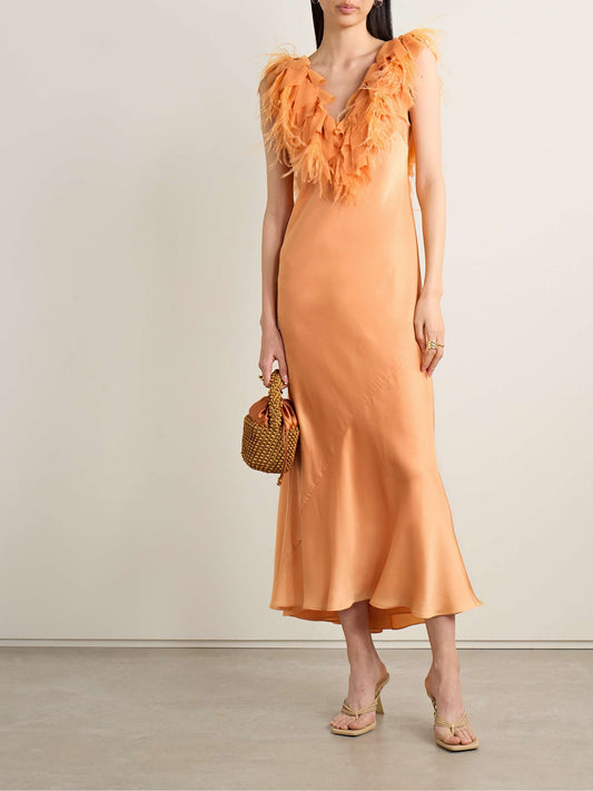 Manota ruffled crepe and feather trimmed charmeuse maxi dress
