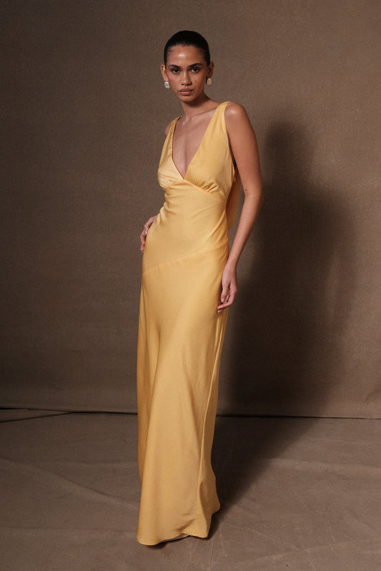 Maxi Satin Dress With Back Cowl Lemon