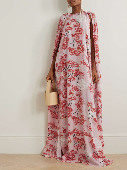 Minnie cape effect floral print crepe de chine gown