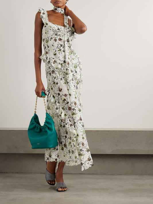 Monica asymmetric ruffled floral print recycled georgette midi dress
