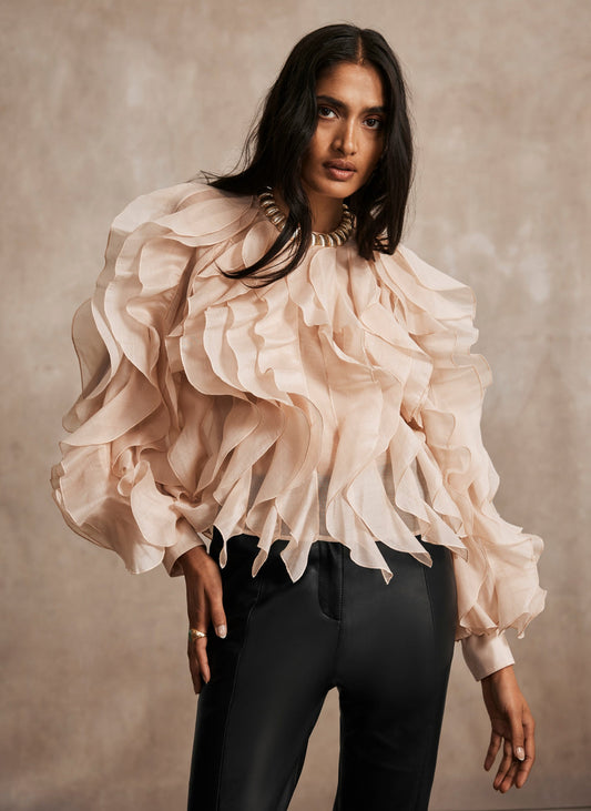 Neutral Organza Ruffle Blouse