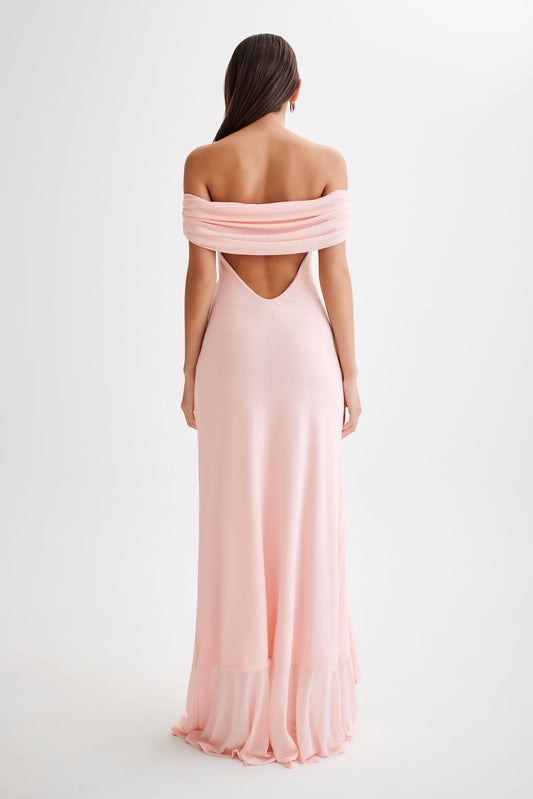 Off Shoulder Mesh Maxi Dress Pale Pink