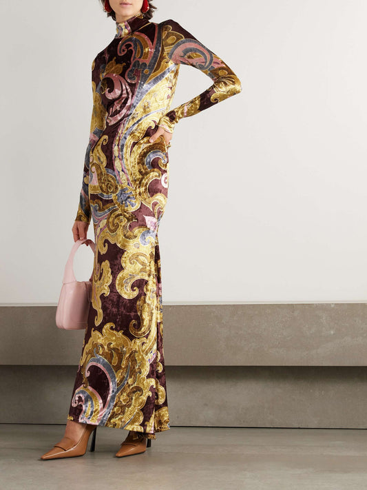 Paisley print velvet turtleneck maxi dress