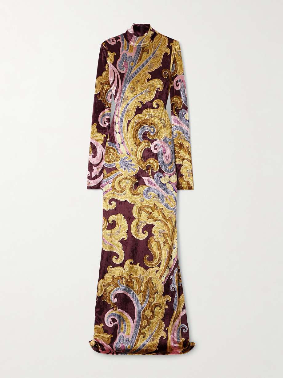 Paisley print velvet turtleneck maxi dress