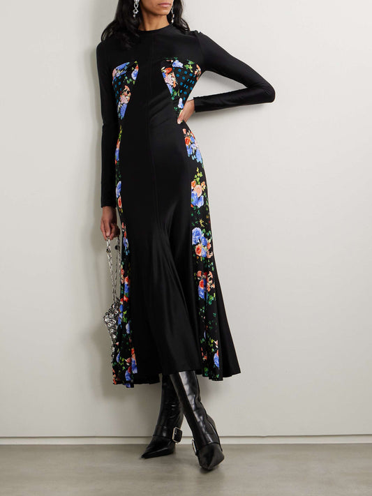 Paneled printed satin jersey maxi dress