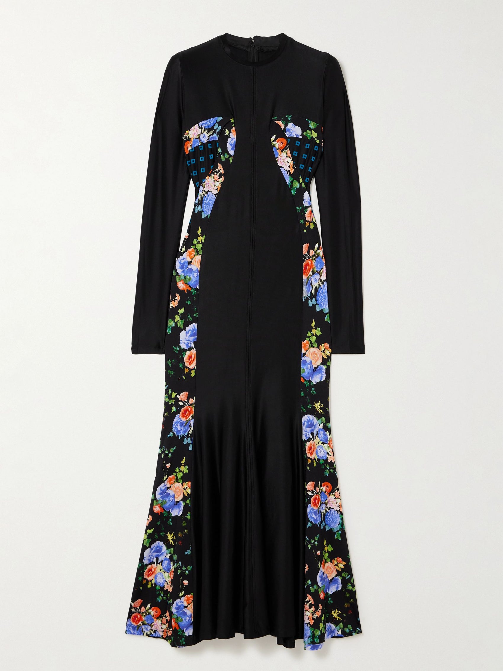 Paneled printed satin jersey maxi dress