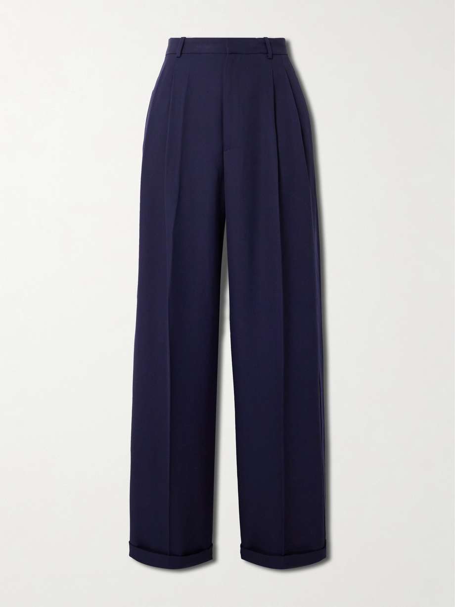 Pleated silk satin trimmed wool wide leg pants