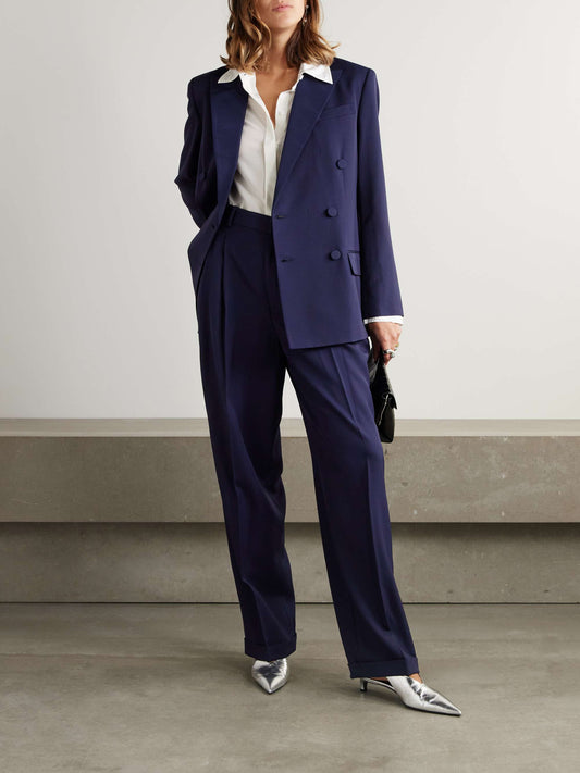 Pleated silk satin trimmed wool wide leg pants