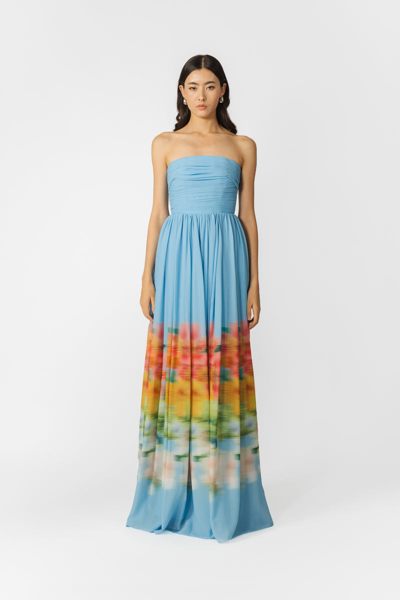 Pleated strapless a line maxi dress