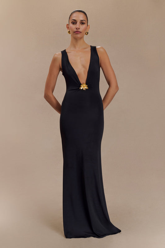Plunge Maxi Dress With Floral Hardware Black